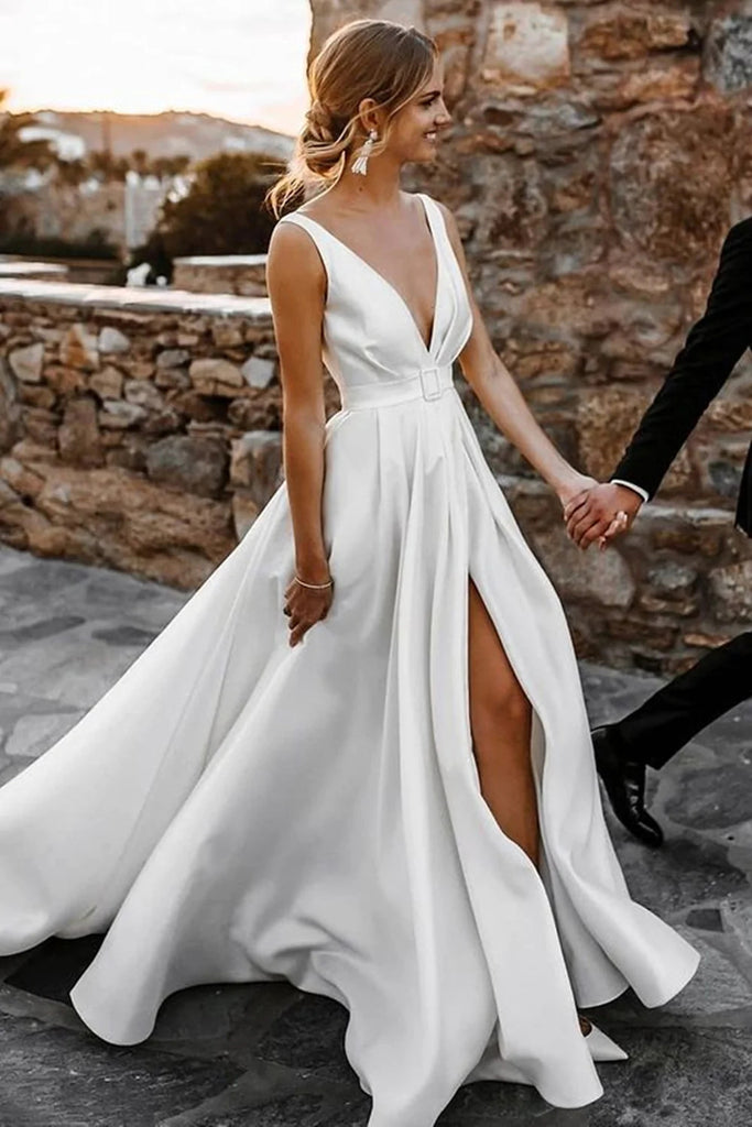 Simple A Line Deep V Neck Ivory Long Open Back Prom Wedding Dresses With Belt OW0121