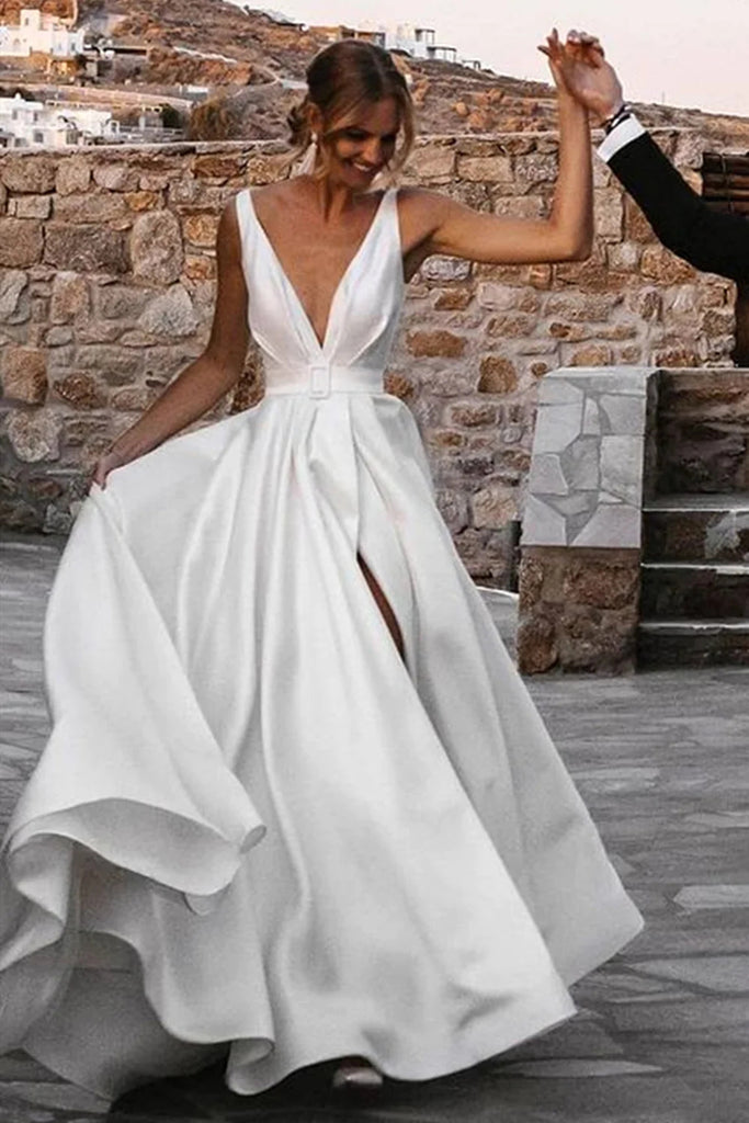 Simple A Line Deep V Neck Ivory Long Open Back Prom Wedding Dresses With Belt OW0121
