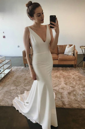 Simple Ivory Deep V neck Mermaid Wedding Dresses, Fashion Wedding Gowns OW0011