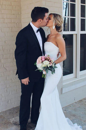 Simple Mermaid White Strapless Wedding Dresses, Summer Wedding Gowns OW0114