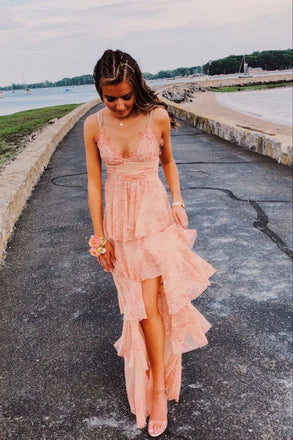 Simple A line Pink Spaghetti Straps V neck Long Prom Dresses, Bridesmaid Dresses OM0102