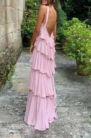 Simple Halter Elastic Satin Backless Pink Floor Length Prom Dresses With Layers OM0108