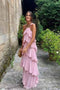 Simple Halter Elastic Satin Backless Pink Floor Length Prom Dresses With Layers OM0108