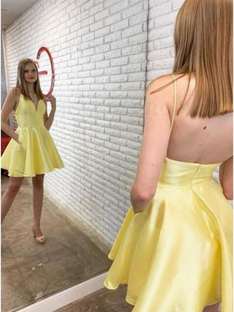 A line Satin Yellow Spaghetti Straps Short Homecoming Dress, Graduation Dresses OMH0189