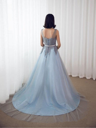Sky Blue Formal Long Lace Appliqued Gray Tulle Prom Dresses Cheap Quinceanera Dresses PDP2