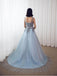 Sky Blue Formal Long Lace Appliqued Gray Tulle Prom Dresses Cheap Quinceanera Dresses PDP2