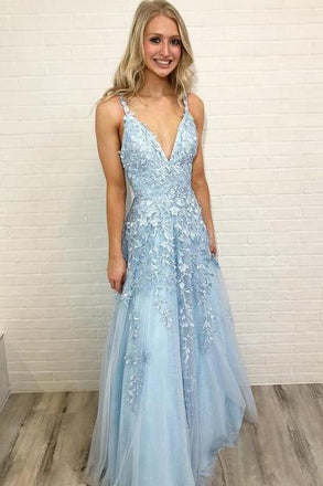 Sky Blue Lace Appliques Straps Long V Neck Prom Dresses PDH45