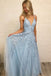 Sky Blue Lace Appliques Straps Long V Neck Prom Dresses PDH45