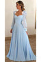 Light Blue A Line Long Chiffon Prom Dresses with Sleeves Modest Forma Evening Dress PDH42