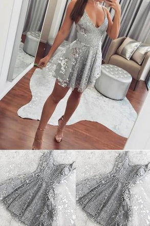 A line Silver Spaghetti Straps V Neck Short Mini Prom Dresses, Homecoming Dresses OMH0017