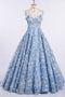 Princess Spaghetti Strap 3D Flower Applique Sky Blue Prom Dresses Ball Gowns PDH90