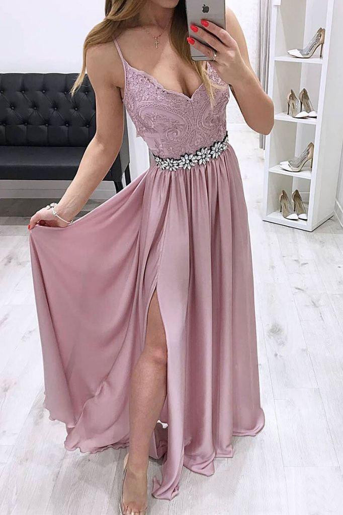 Spaghetti Strap Lace Prom Dresses V-neck Rhinestone Formal Dress With Slit PDO84