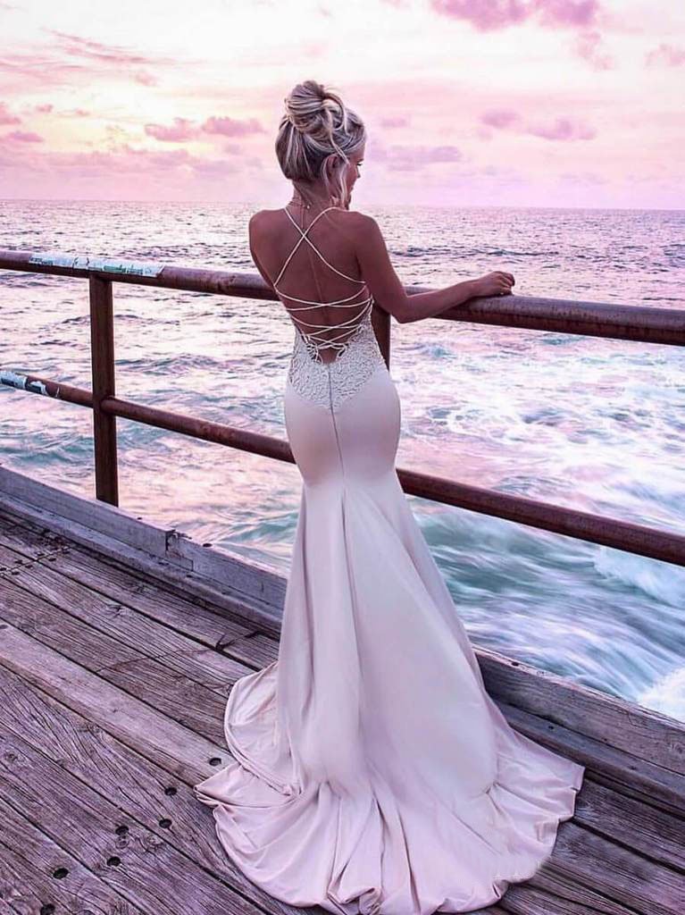 Spaghetti Strap V Neck Lace Long Mermaid Prom Dress PDL45
