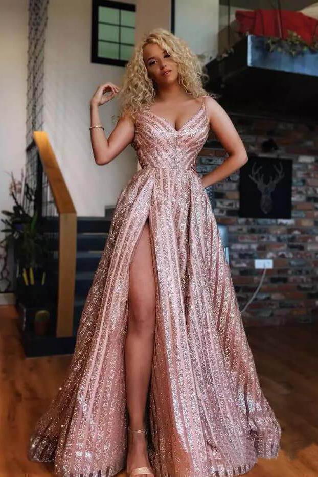 Spaghetti Strap V Neck Rose Gold Sequins Prom Dresses Sexy Side Slit Prom Dress PDN76