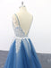 Spaghetti Straps A Line Party Dresses Appliques Blue Tulle Prom Dresses PDS13
