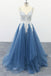 Spaghetti Straps A Line Party Dresses Appliques Blue Tulle Prom Dresses PDS13