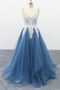 Spaghetti Straps A Line Party Dresses Appliques Blue Tulle Prom Dresses PDS13