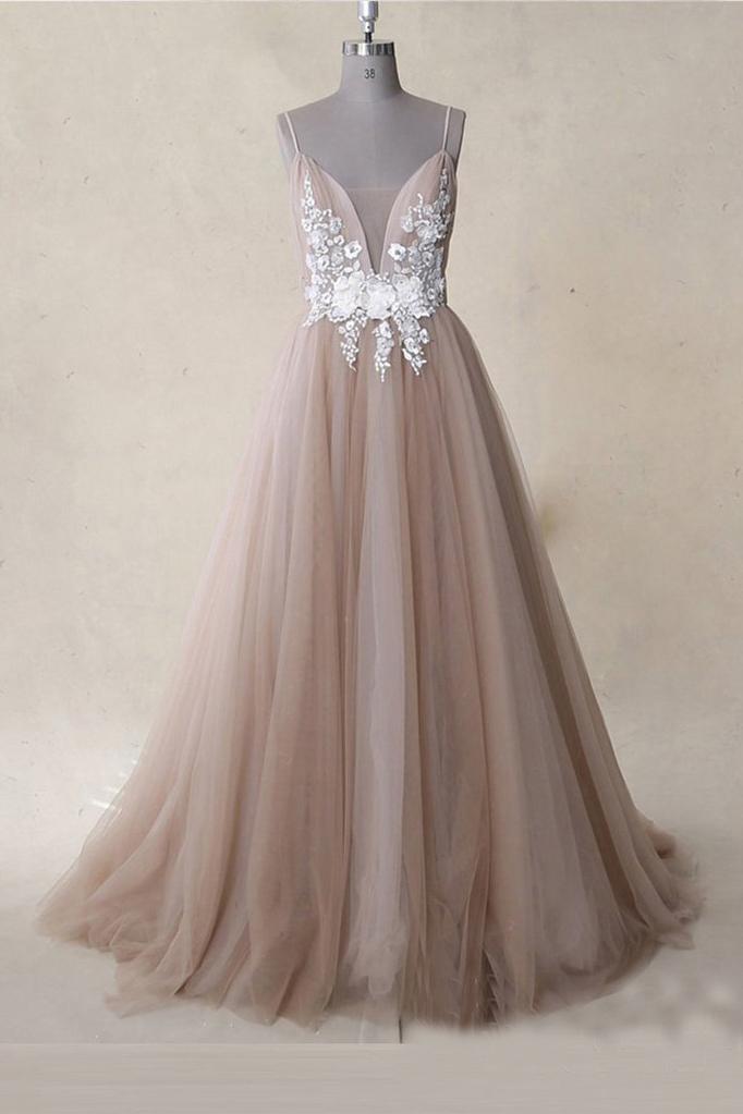 Spaghetti Straps Appliques Tulle A Line Long Prom Dress Formal Evening Dresses PDS14
