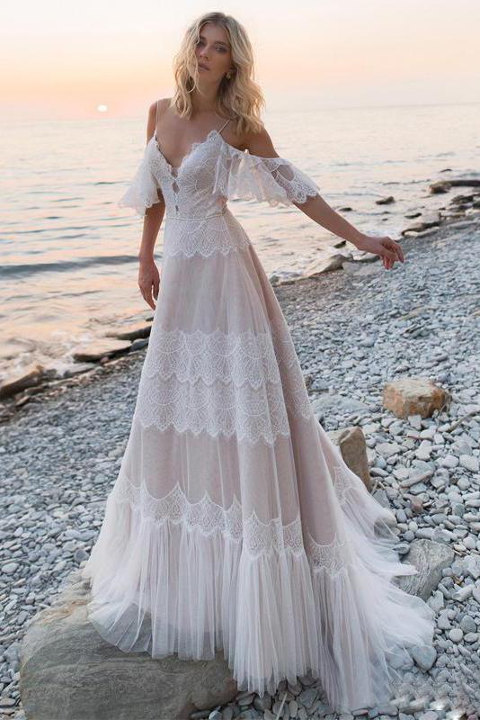 Spaghetti Straps Cold Shoulder Ivory Tulle V Neck Wedding Dresses trendtydresses Spaghetti Straps Cold Shoulder Ivory Tulle V Neck Wedding Dresses trendtydresses