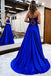 A line Royal Blue V Neck Spaghetti Straps Lace Beads Prom Dresses with Pockets OM0260