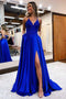 A line Royal Blue V Neck Spaghetti Straps Lace Beads Prom Dresses with Pockets OM0260