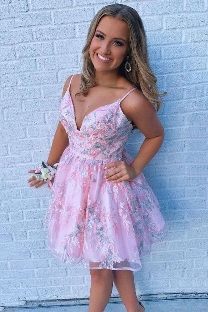 A Line V Neck Spaghetti Straps Pink Homecoming Dresses with Appliques, Cocktail Dress OMH0219