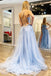 Light Blue Lace Appliques A Line Long Prom Dresses with Slit, Tulle Evening Dresses OM0207