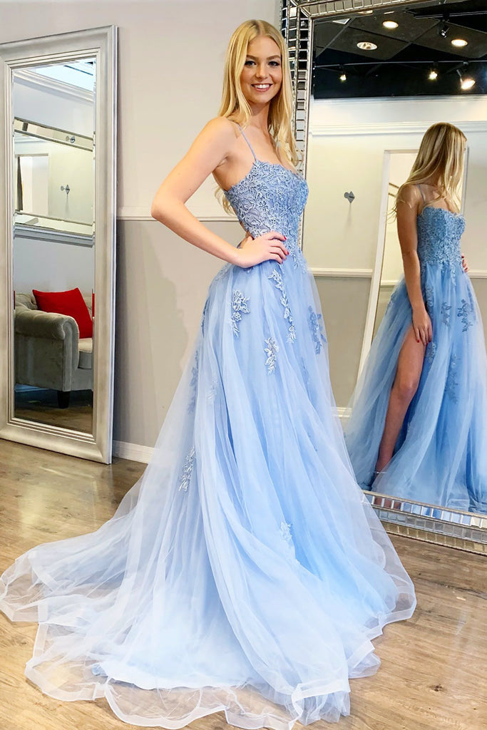 Light Blue Lace Appliques A Line Long Prom Dresses with Slit, Tulle Evening Dresses OM0207