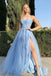 Light Blue Lace Appliques A Line Long Prom Dresses with Slit, Tulle Evening Dresses OM0207