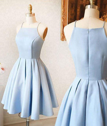 Simple A line Satin Spaghetti Straps Blue Mini Party Dress, Homecoming Dresses OMH0240