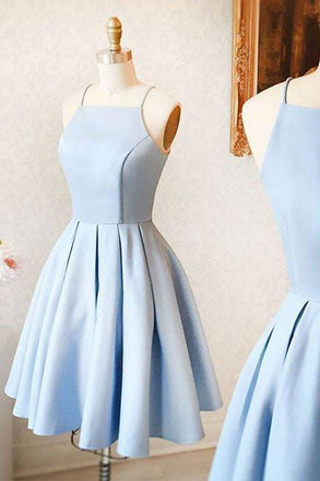 Simple A line Satin Spaghetti Straps Blue Mini Party Dress, Homecoming Dresses OMH0240