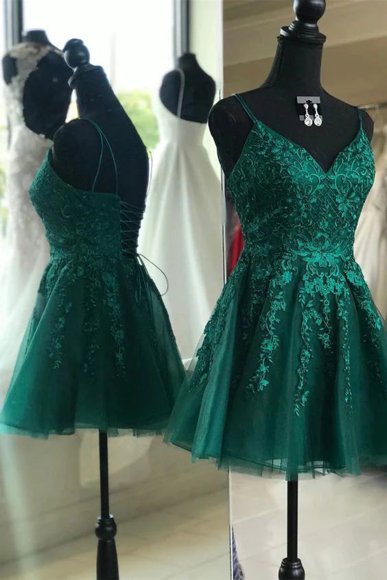 A Line Dark Green V Neck Lace Tulle Homecoming Dress, Graduation Dresses OMH0125