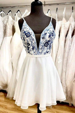 Junior A line V neck White Chiffon Spaghetti Straps Beads Homecoming Dresses OMH0067