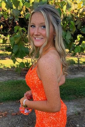 Sparkly Hot Pink Bodycon Party Dress Spaghetti Straps Sequins Homecoming Dresses OMH0147