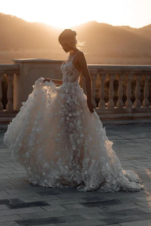 Unique Ivory Lace Appliques Straps Scoop Wedding Dresses, Long Bridal Gowns OW0086