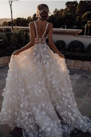 Unique Ivory Lace Appliques Straps Scoop Wedding Dresses, Long Bridal Gowns OW0086