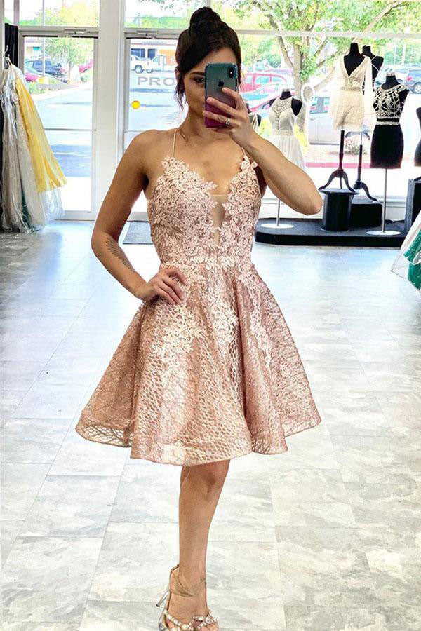 Lace V Neck Sleeveless Short Prom Dress, Homecoming Dresses with Appliques trendtydresses Lace V Neck Sleeveless Short Prom Dress, Homecoming Dresses with Appliques trendtydresses