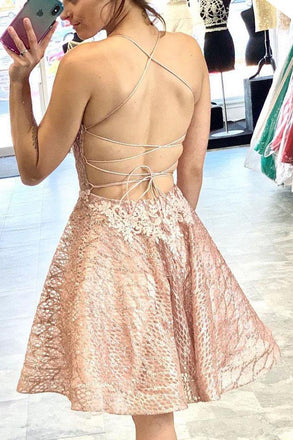 Lace V Neck Sleeveless Short Prom Dress, Homecoming Dresses with Appliques OMH0018