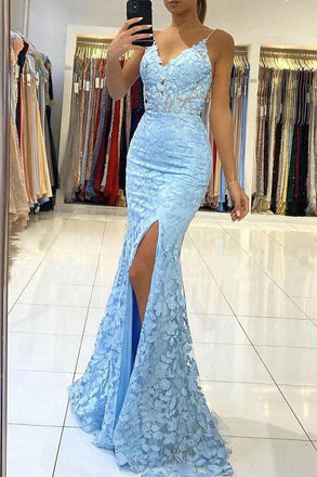 Beautiful Mermaid Pearl Straps Lace Blue V Neck Prom Dresses Slit Evening Dresses OM0257