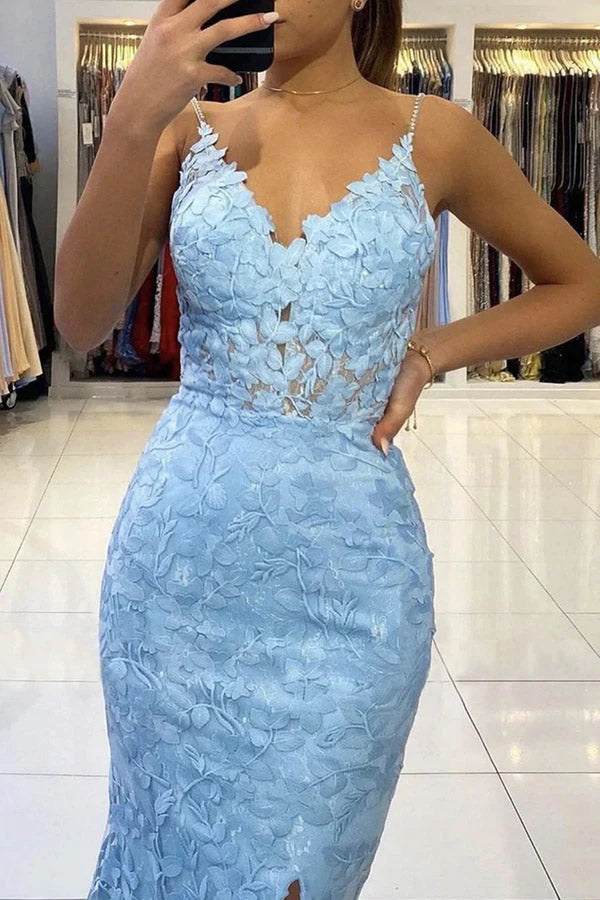 Beautiful Mermaid Pearl Straps Lace Blue V Neck Prom Dresses Slit Evening Dresses OM0257