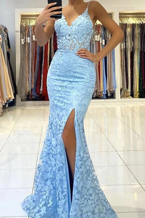Beautiful Mermaid Pearl Straps Lace Blue V Neck Prom Dresses Slit Evening Dresses OM0257