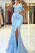 Beautiful Mermaid Pearl Straps Lace Blue V Neck Prom Dresses Slit Evening Dresses OM0257