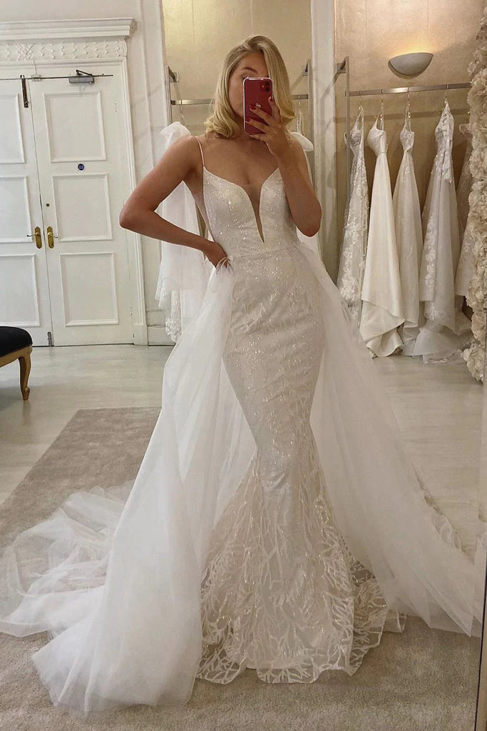 Beautiful Mermaid Spaghetti Straps V neck Lace Wedding Dresses with Detachable Train OW0057