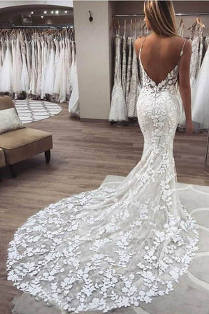 Mermaid Spaghetti Straps Lace Wedding Dresses, Sexy V neck Backless Wedding Gowns OW0083