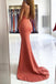 Mermaid Spaghetti Straps V neck Cross Back Prom Dresses with Slit, Formal Evening Dress OM0281