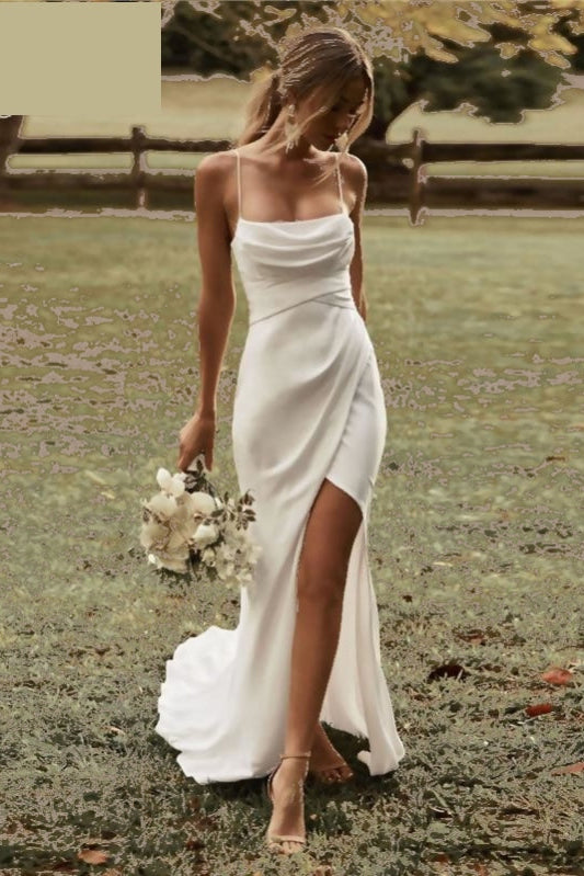 Charming A Line Ivory Spaghetti Straps Open Back Wedding Dresses