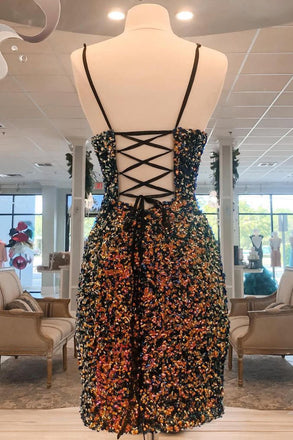 New Style Tight Sequined Spaghetti Straps Homecoming Dress With Slit, Cocktail Dress OMH0060