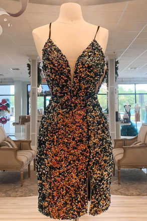 New Style Tight Sequined Spaghetti Straps Homecoming Dress With Slit, Cocktail Dress OMH0060