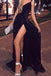 A-Line V Neck Backless Long Prom Dresses, Black One Shoulder Formal Dress with Slit OM0151