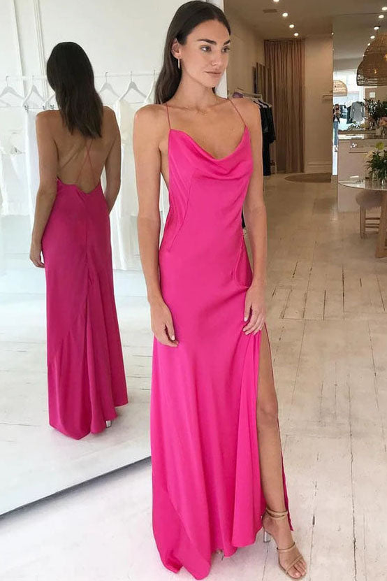 Simple Hot Pink Spaghetti Straps Silk Satin Prom Dresses With Slit, Evening Dresses OM0196